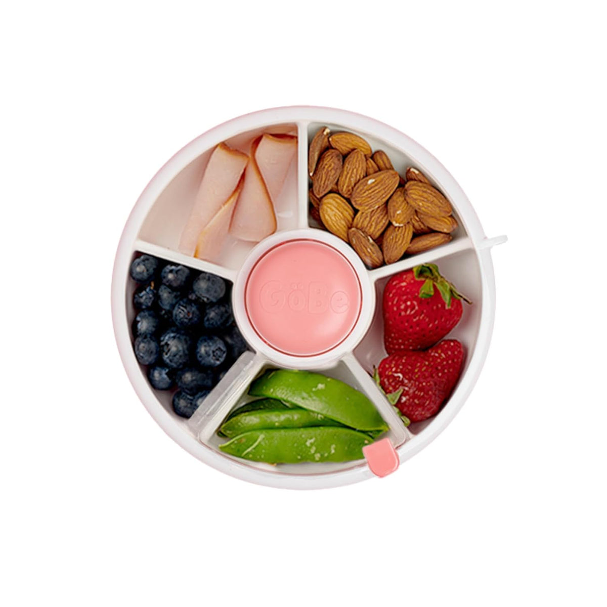 GoBe Kids Original Snack Spinner Bundle with Hand Strap and Sticker Sheet - Reusable Snack Container with 5 Compartment Dispenser and Lid | BPA and PVC Free | Dishwasher Safe | No Spill, Leakproof