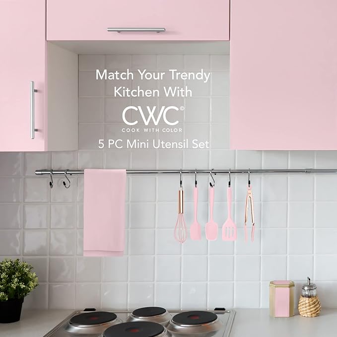 COOK WITH COLOR Silicone Cooking Utensils, Kitchen Utensil Set, Easy to Clean Silicone Kitchen Utensils, Cooking Utensils for Nonstick Cookware, Kitchen Gadgets Set, Mini, Pink