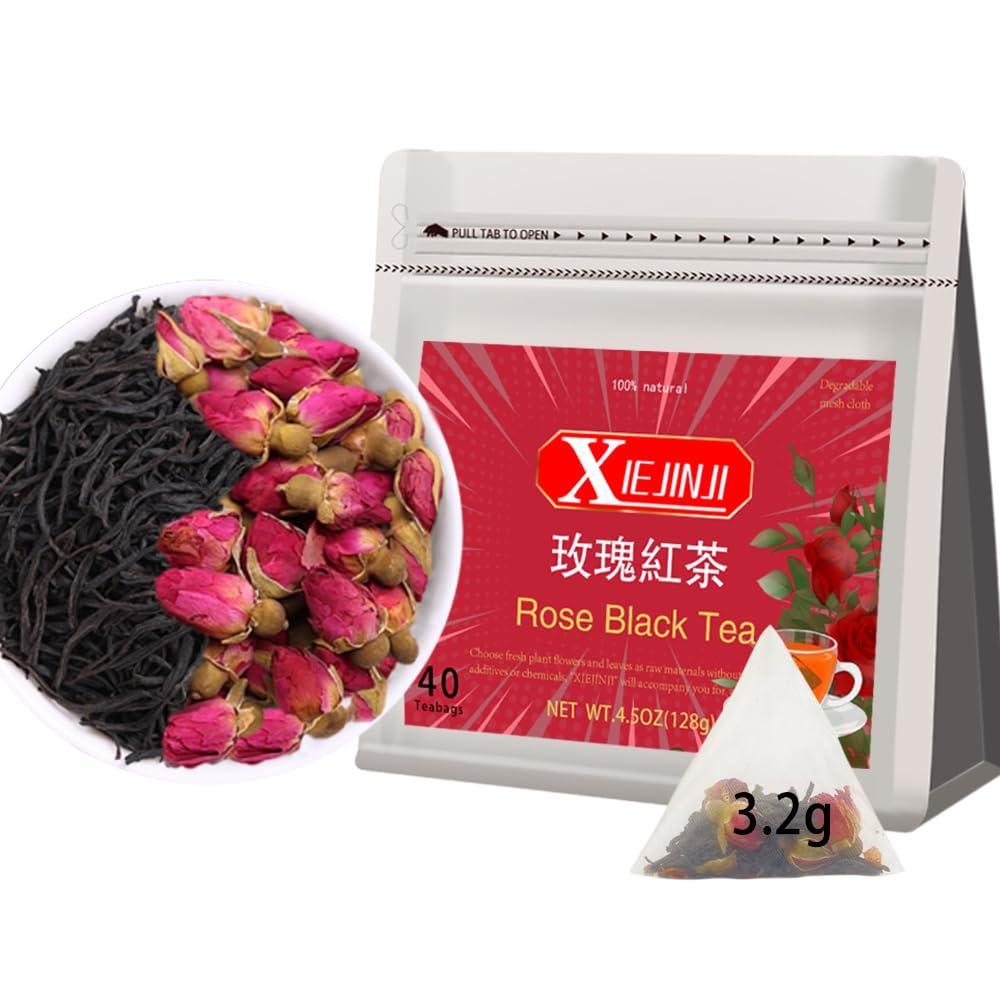 XIEJINJI Rose Black Tea - 40 Tea Bags, Natural Dried Rose and Black Tea Blend, AROMATIC & SMOOTH, Eco-Conscious Tea Bags, Enjoy Hot or Iced