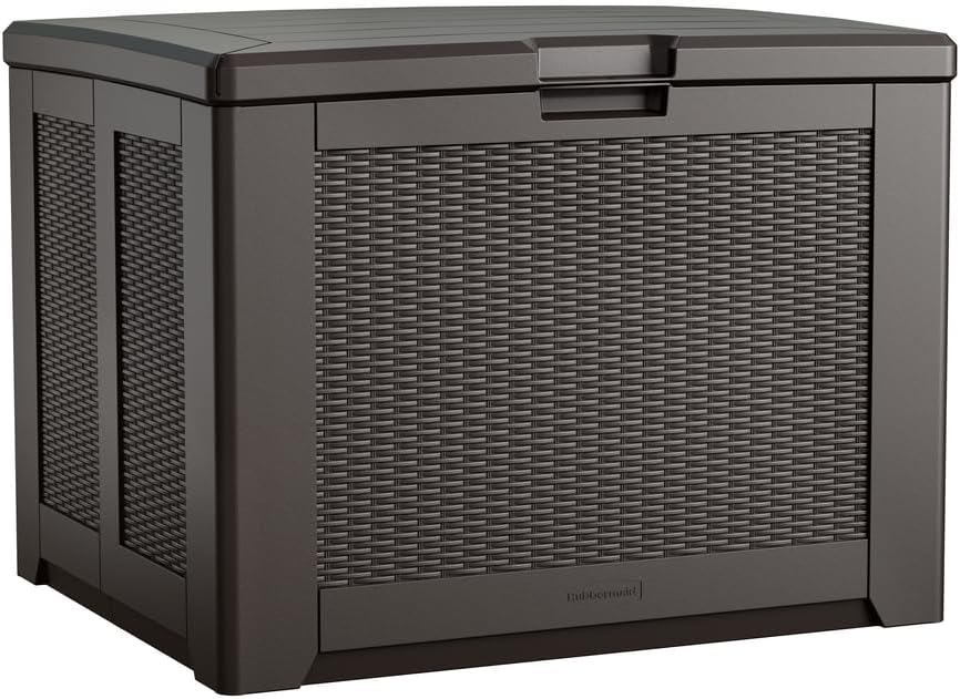 Rubbermaid Medium Resin Outdoor Storage Deck Box (74 Gal) Weather Resistant Brown Deck Organization for Home/Backyard/Pool Chemicals/Toys/Garden Tools/Porch/Patio Cushions