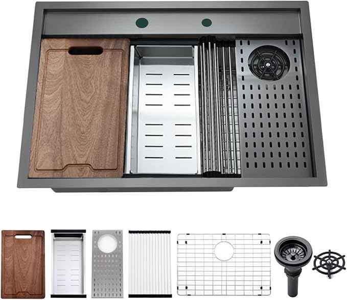 30 Inch Black Drop In Kitchen Sink Workstation with Glass Rinser -VOKIM 30x22 Drop In sink Workstation Stainless Steel 16 Gauge Deep Single Bowl Kitchen Sink