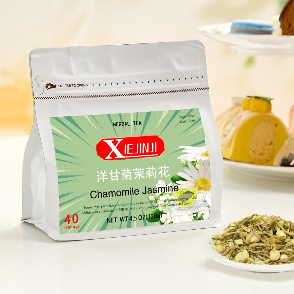 XIEJINJI Chamomile Jasmine Herbal Tea, 40 Tea Bags, Premium Soothing Floral Blend in Eco-Conscious Teabags - Non-GMO - Caffeine-free