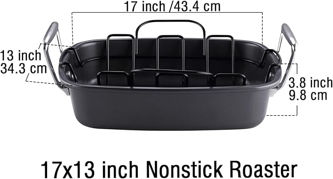 Cook N Home Nonstick Roasting Pan Bakeware Roaster with Rack, 17x13-inches, Black