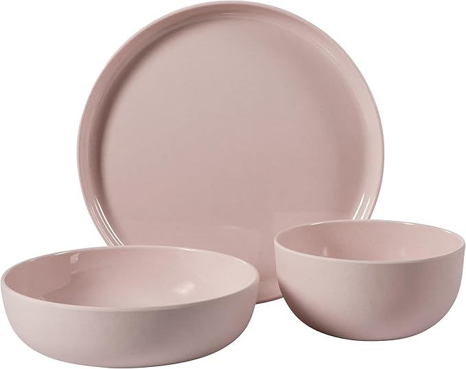 Gibson Home Candy Skies 12 Piece Unbreakable Wheat Straw Melamine Plates and Bowls Dinnerware Set - Outdoor, Camping, & Everyday Use - Matte Exterior/Shiny Interior Pink