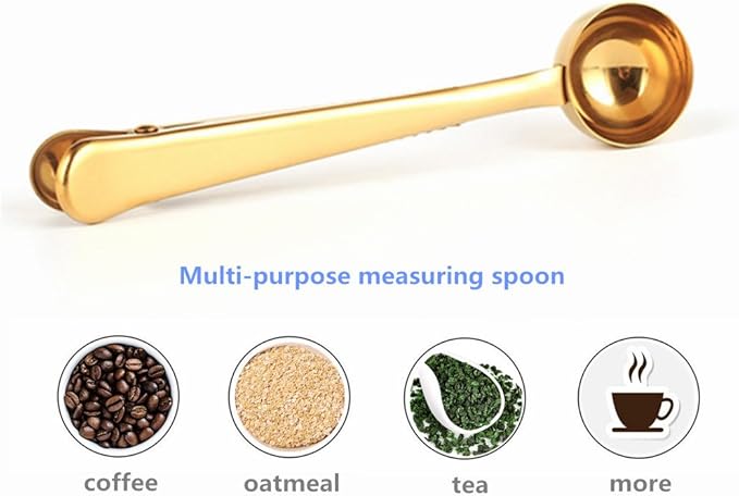 Coffee Scoop, Stainless Steel Golden Multi Function Coffee Measuring Spoon，Great Measuring Coffee, Tea，Protein Powder, Instant Drinks More - Perfect Coffee Spoon Bag Clip
