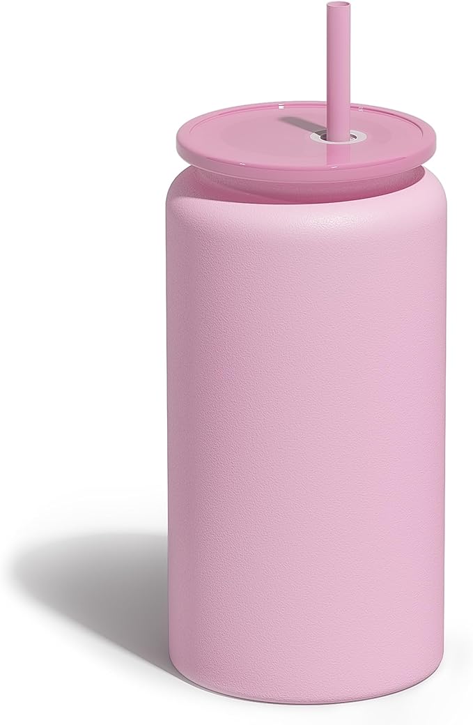 16oz Glass Cups With Lids and Straws, Stainless Steel Beer and Iced Coffee tumbler, Pink (Textured Matte Finish, Not Sublimatable)