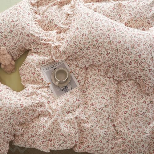Pink Red Flower Comforter Set King Vintage Garden Style Blooming Floral Comforter with 2 Ruffle Pillowcases Aesthetic Floral Bedding Set Soft Fluffy Cottagecore Comforter Set for Girls Women