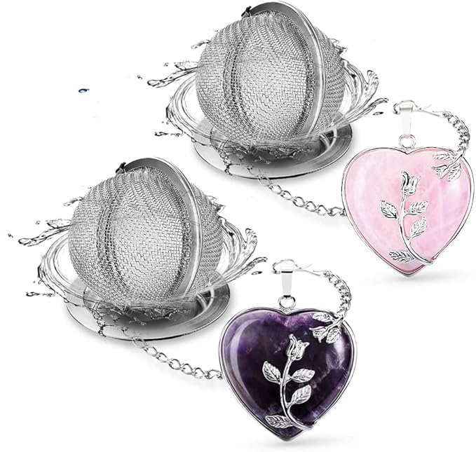 NSTaygate 2pcs Tea Infuser Tea Strainers for Loose Tea Amethyst & Rose Quartz Crystal Heart Pendant Infinity Love Heart Couple Handmade Gemstone Tea Ball Set Gifts for Women Gifts for Mom