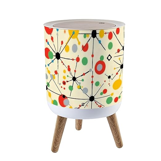 Trash Can with Lid Mid Century Fifties Modern Atomic Retro Colors Seamless Part Press Top Round Small Garbage Bin with Wooden Legs Waste Basket for Kitchen Bedroom Nursery 7L/1.8 Gallon