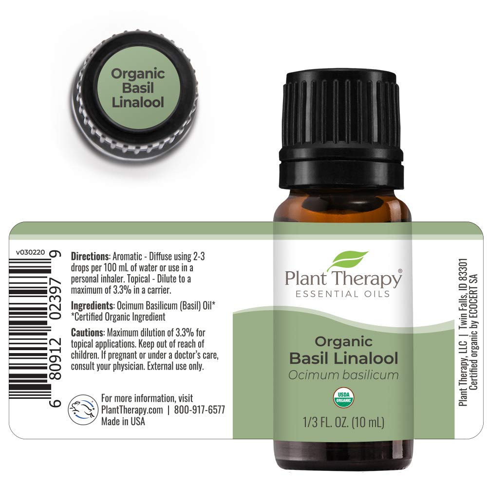 Plant Therapy USDA Certified Organic Basil Linalool Essential Oil 10 mL (1/3 oz) 100% Pure, Therapeutic Grade