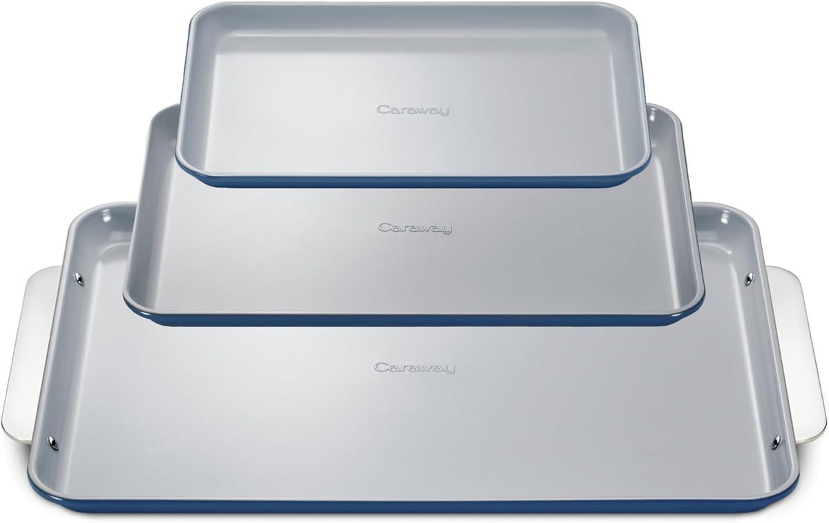 Caraway Non-Stick Ceramic Baking Sheet Trio - Naturally Slick Ceramic Coating - Non-Toxic, PTFE & PFOA Free - 18 x 13" Large, 15 x 10" Medium, & 9" x 13" Small - Navy