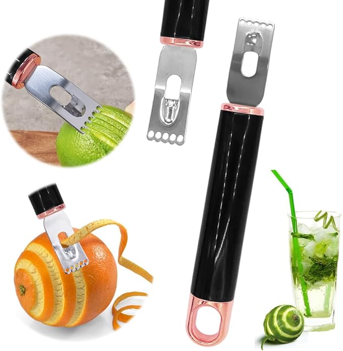 Channel Knife, 2 in 1 Lemon Peeler Zester Cocktail Garnish Citrus Zester 5 Baldes Ultra Sharp Lemon Rind Twist Peeler Stainless Steel Bar Tool Professional Grade Bar Accessory (Rose Gold)