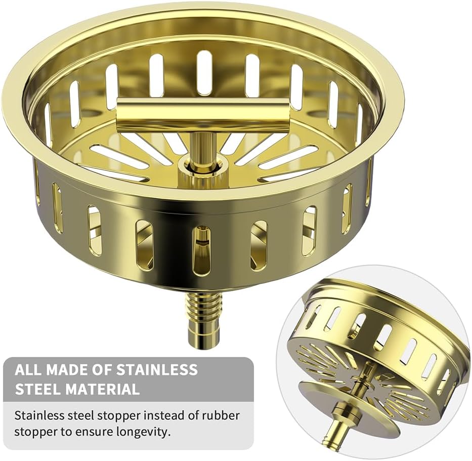 KONE 3-1/2 Inch Kitchen Sink Drain Assembly Stainless Steel Gold Kit with Strainer Basket/Rubber Stopper, Rustproof Durable Gold Finish Replacement for Standard Commercial Sink Drains