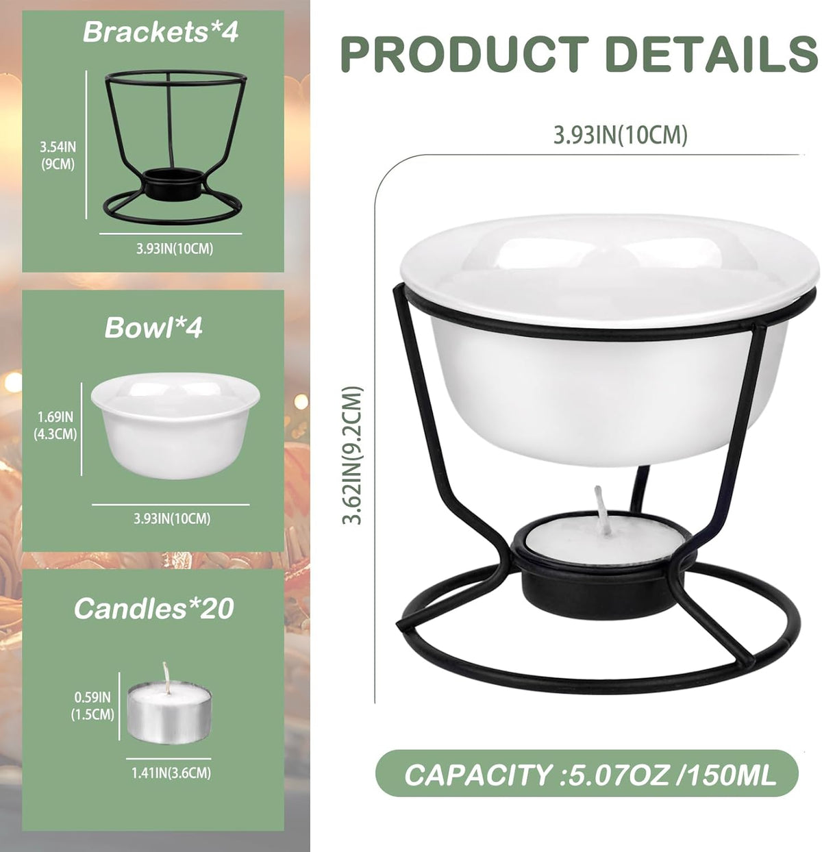 4Pcs Fondue Pot Set for Chocolate Butter Cheese, 5oz Butter Warmer for Seafood with 20 Tealight, Ceramic Bowl Oven Microware Dishwasher Safe,Perfect for family dip Fruit,Dessert,Snack