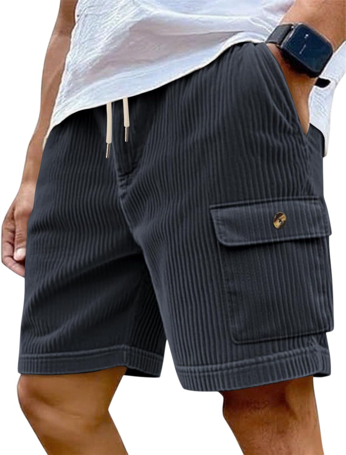 Mens Cargo Shorts Casual Drawstring Elastic Waist Corduroy Summer Beach Shorts with Pockets