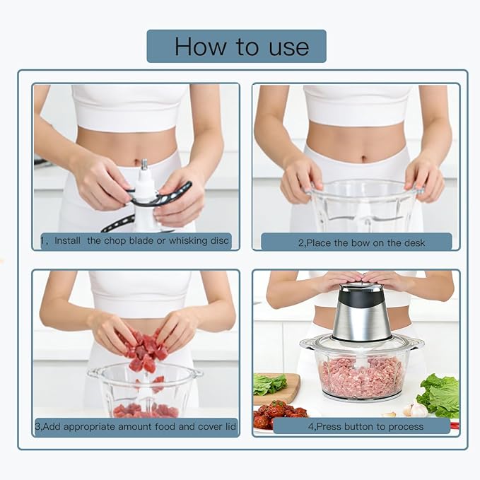 MEGAWISE Food Processor, 800W Electric Meat Grinder, 1.8L Stainless Steel Bowl & 1.8L Glass Bowl, Dual Speed Modes for Meat, Onion, Vegetables, Nuts, Fruits, Baby Food