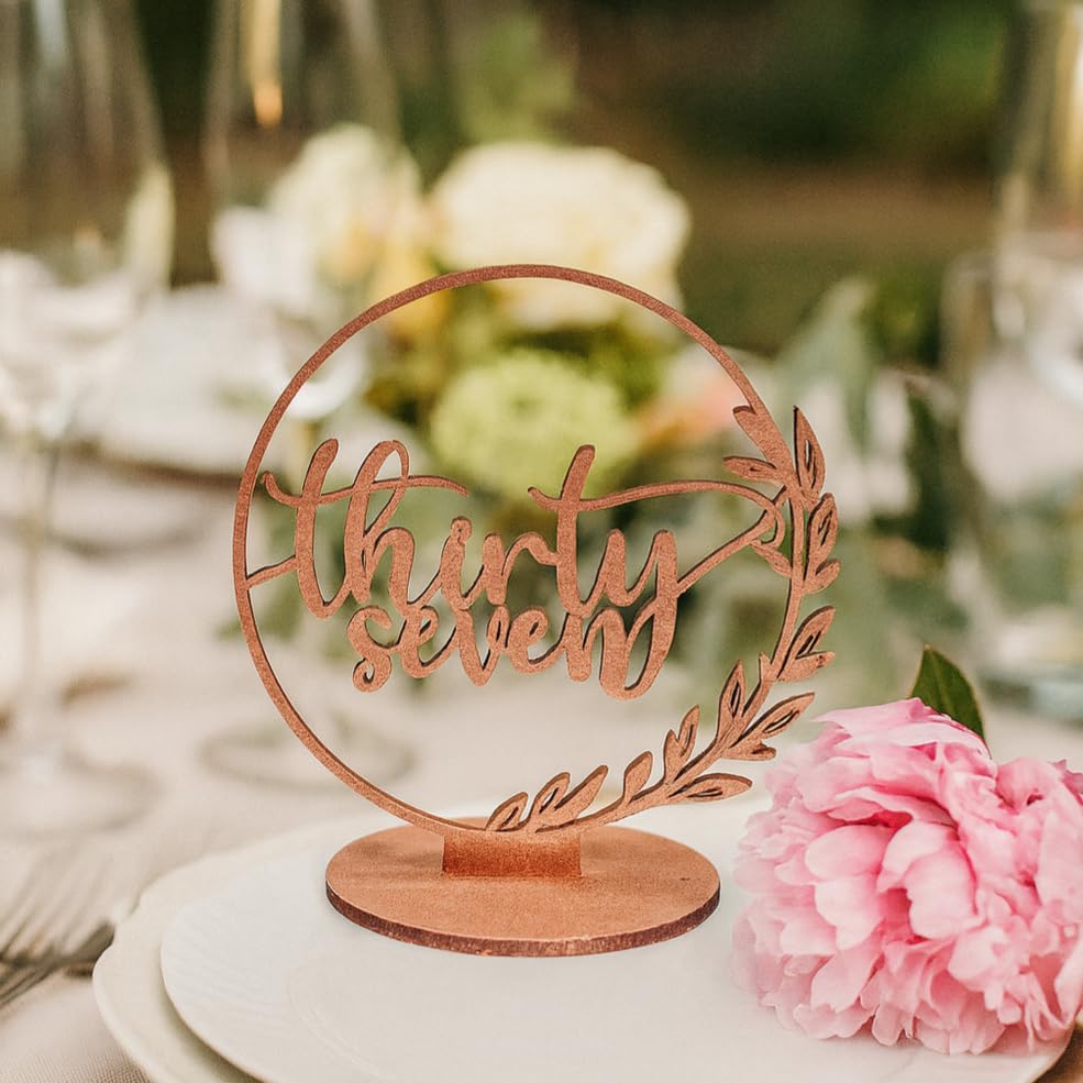 Wedding & Event Table Number Sign – Rustic Floral Circle Numbers, Wooden Seating Decor for Receptions, Parties, Banquets – Gold, Rose Gold, Silver & Black
