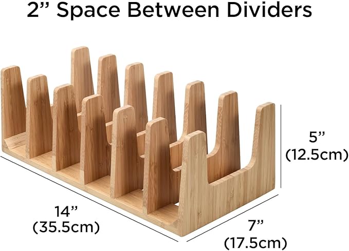 MobileVision Bamboo Pot Lid Holder Organizer for Storage in Cabinets or Kitchen Countertops, 6 Sections