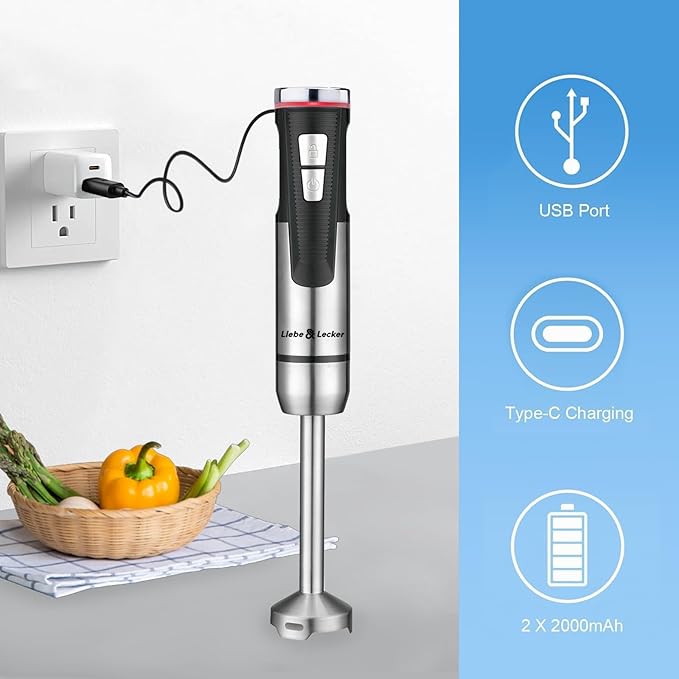 Liebe&Lecker Immersion Blender Handheld Cordless, 3 in 1 Cordless Hand Blender, 8 Speed Emulsion Blender Handheld with Whisk Milk Frother for Soup Smoothie