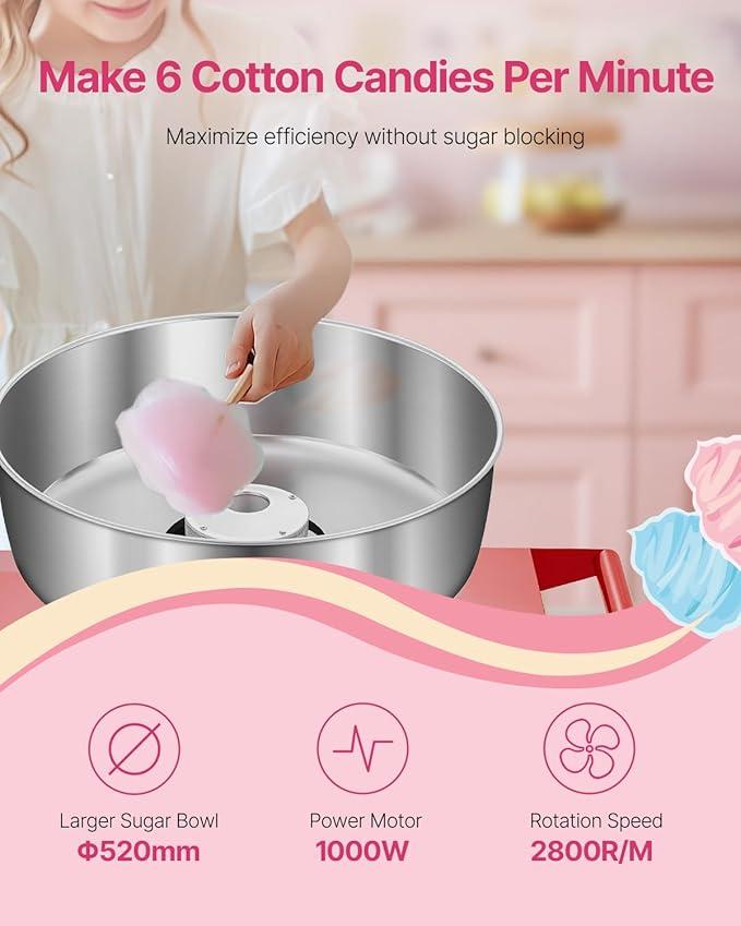 VEVOR Electric Cotton Candy Machine with Cart, 1000W Commercial Candy Floss Maker with 20.5 in Stainless Steel Bowl, Sugar Scoop, and Drawer, Easy to Use, for Home, Kids Birthday, Family Party, Red