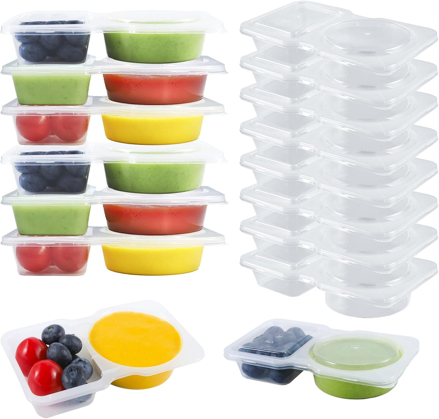 40 Pack 4.5 Oz Double Compartment Condiment Container With Lids, Disposable Sauce Container, Clear Plastic Snack Containers