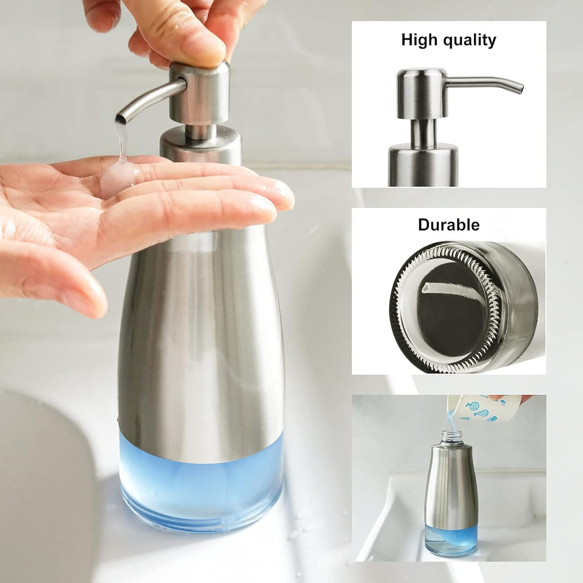 Soap Dispenser with Non-Slip Silicone Pad, 2 Pack Kitchen Dish Refillable Liquid Dispensers, Hand Soap Dispenser for Bathroom, Stainless Steel Case Glass Liner Hand Pump Dispenser Silver & Black