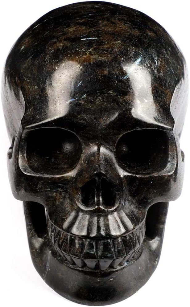 Skullis 5.0" Russian Arfvedsonite Crystal Skull, Hand Carved Gemstone Fine Art Sculpture, Reiki Healing Stone Statue.