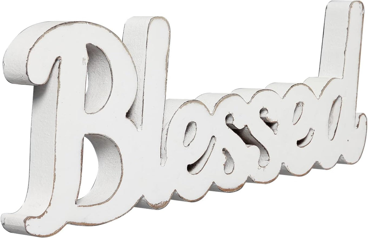Rustic White Wooden Blessed Sign for Tabletop 15 Inch, Wall Hanging Farmhouse Blessed Signs for Home Decor, Handmade Thanksgiving Signs Decor, Christmas Signs for Living Room Entryway