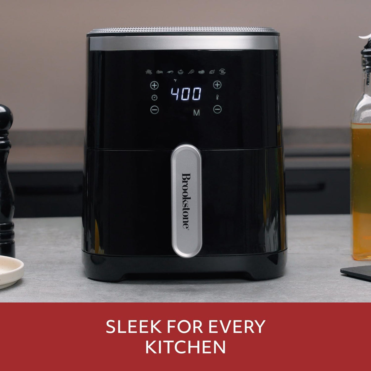 Brookstone Air Fryer – 4.5 Qt, 1300W Large Capacity Fryer with LED Display, 8 Presets, Adjustable Temp, Oil-Free Kitchen Appliance for Baking, Roasting, Frying, Healthy Crispy Meals, Black
