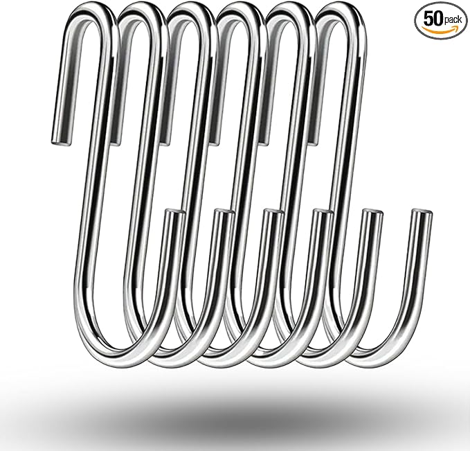 50-Pack 2.4 Inch Heavy Duty Stainless Steel S-Hooks — Waterproof Kitchen Utility Hooks for Pots, Pans, Mugs, Towels and More, Ideal Gift for Friends