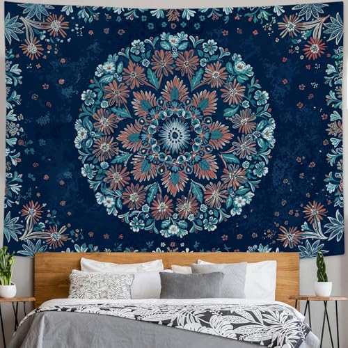 Boho Floral Mandala Tapestry Wall Hanging Blue Bohemian Flower Medallion Tapestry Aesthetic Vintage Navy Hippie Indian Large Tapestries for Bedroom Living Room Dorm Decor 80 x 60 Inch