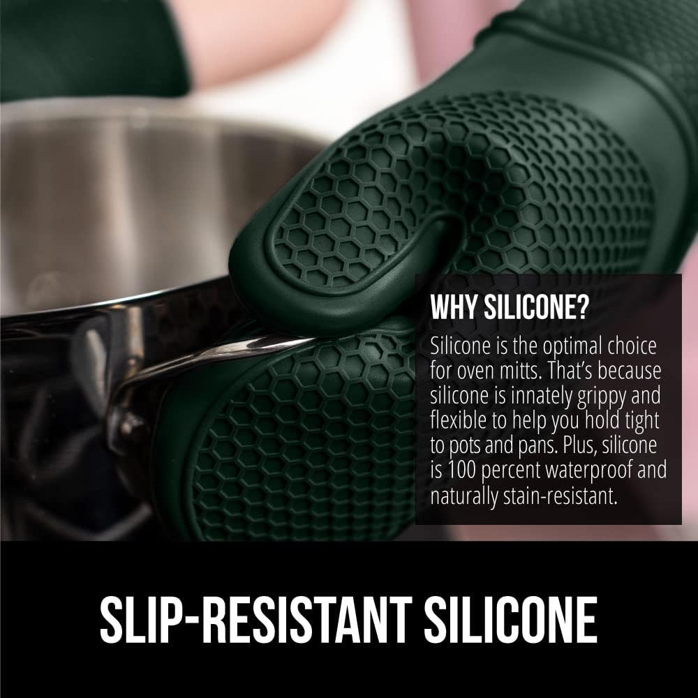 GORILLA GRIP BPA-Free Soft Silicone Oven Mitts, Heat Resistant and Waterproof Cooking Gloves, Thick Cotton Lining, Flexible Gripping for Baking Grilling, Kitchen Potholders Set, 12.5x8.3, Hunter Green
