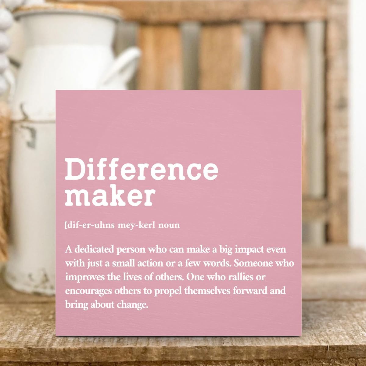 Difference Maker Definition Home Office Decor Wooden Box Sign, Motivational Retirement Thank You Gifts for Women Teacher Boss Lady Mom Coworker Farmhouse Desk Decor Table Shelf Wall Display, Pink
