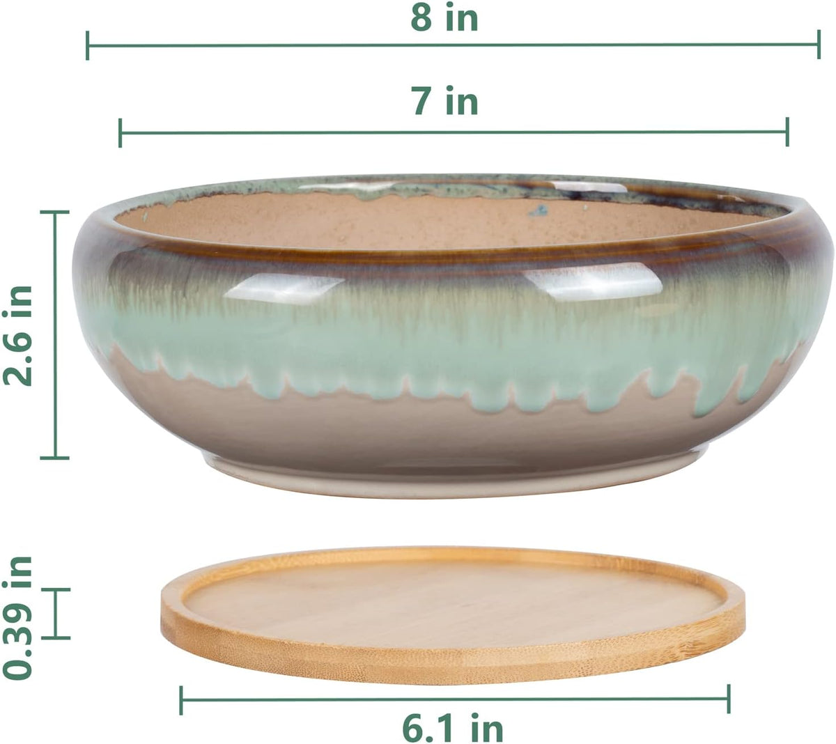 SQOWL 7 Inch Ceramic Succulent Planter Pot with Drainage Hole Drip Glazed Binsai Pot with Bamboo Tray for Indoor Plants