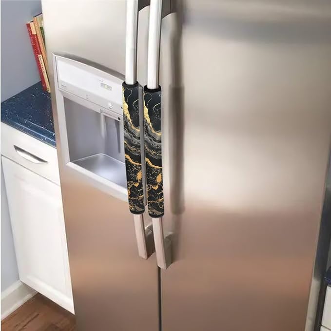 Fridge Door Handle Covers Set of 6 Waterproof Antiskid Protector Decor Handles for Refrigerator, Microwave, Dishwasher, Kitchen Cabinet, Oven, Black Gold Marble Print