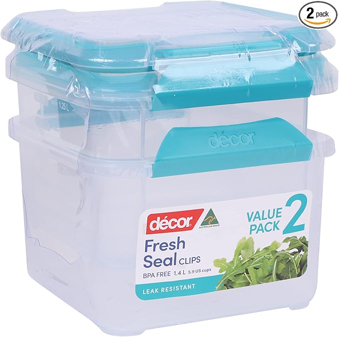 Décor Large Food Storage Containers | 2 Pack - 2 x 1.4L | Reusable Plastic Airtight Food Containers | Fresh Seal Clips | Microwave, Freezer & Dishwasher Safe | 1.4L Capacity