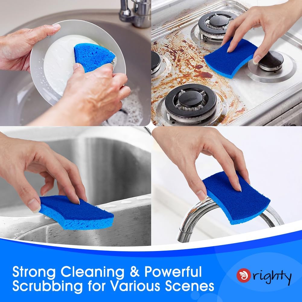 Orighty Non-Scratch Cellulose Scrub Sponges 24 Pack, Kitchen Sponges for Kitchen, Bathroom, and Household, Dual Side Sponge for Dishes, Non-Scratch Sponge Safe on Non-Stick Cookware, Car and More