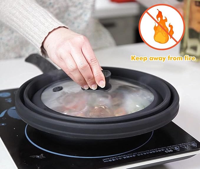 2 Pack Microwave Splatter Cover Glass Guard Lid with Collapsible Silicone for Food Pot Plate 8.5 inch and 9.8 inch Black, Tall Lid and Standard Size Lid