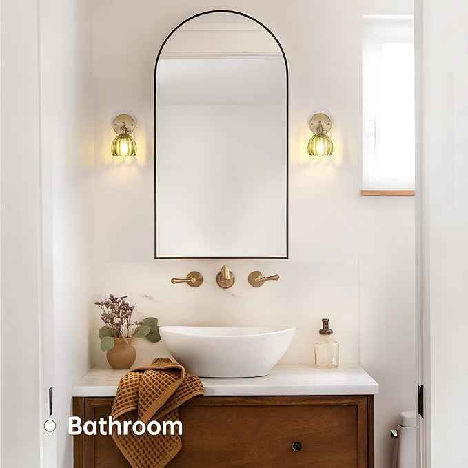 Vintage Wall Sconces with Green Tulip Glass Lampshade 180 Degree Adjustable Brass Sconces Hradwired Modern Wall Lighting Fixture with Switch for Bedside Bedroom Doorway