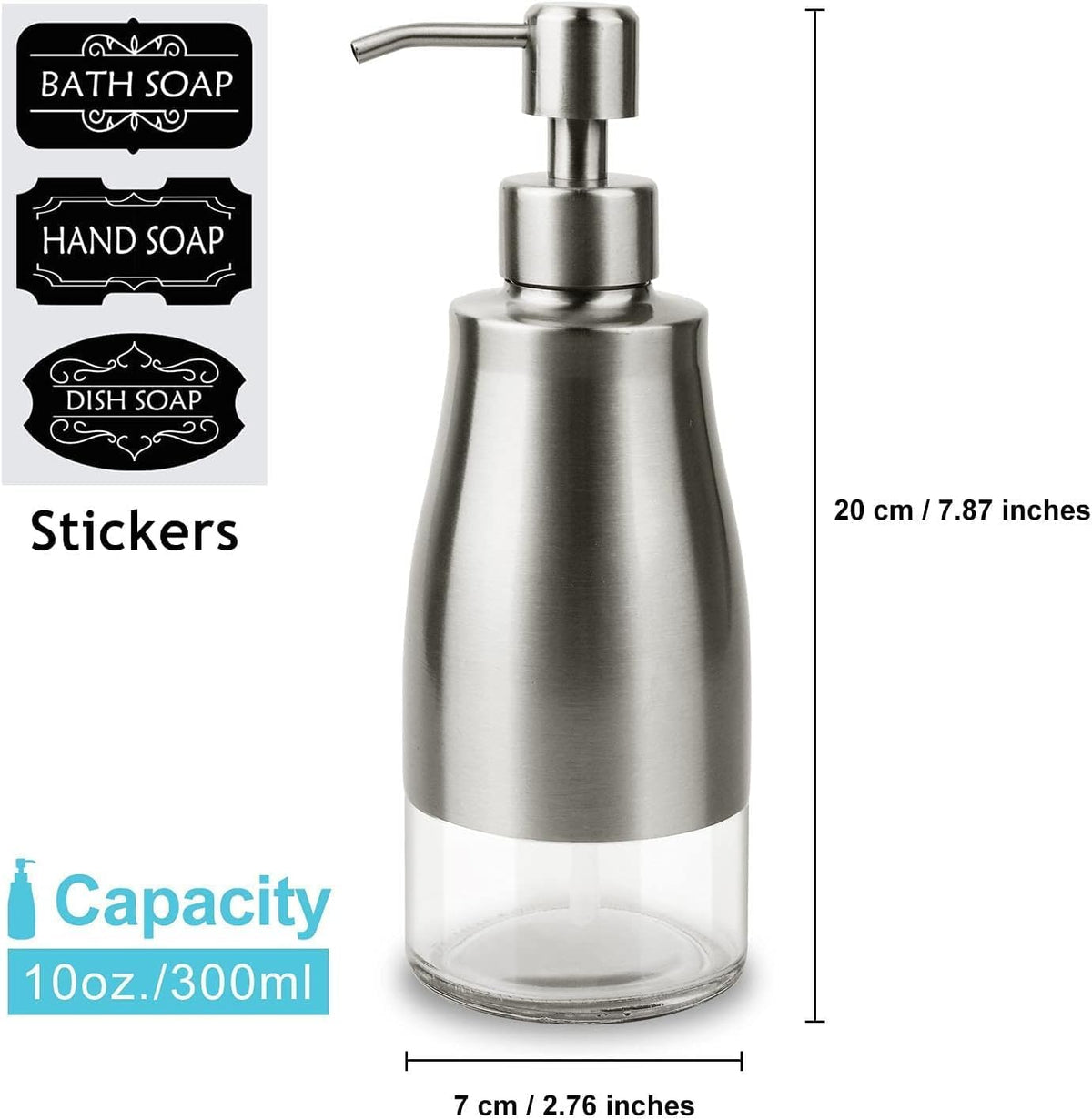Soap Dispenser with Non-Slip Silicone Pad, 2 Pack Kitchen Dish Refillable Liquid Dispensers, Hand Soap Dispenser for Bathroom, Stainless Steel Case Glass Liner Hand Pump Dispenser Silver & Black