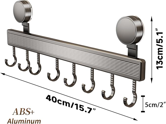 8 Hooks Aluminum Kitchen Rack, No Drilling Wall Mount, Strong Adjustable Suction Cup Hooks for Organizing Kitchen Utensils, Spatulas, Mugs, and Cutlery (Grey, 40cm)
