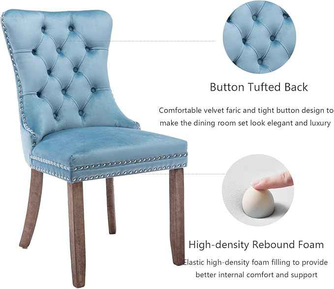 Upholstered Dining Chairs Set of 2, Velvet Dining Room Chairs with Back Ring Pull Trim and Solid Wood Legs, Tufted Wingback Kitchen Chair Perfect for Dining Room,Living Room,Kitchen(Light Blue)