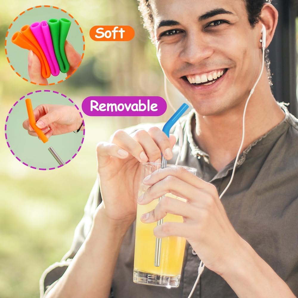 Lazycorner Reusable Stainless Steel Straws Metal Straw with Silicone Tip 5 Pcs 8mm Wide for 20/30/32oz Tumblers Smoothies and Shakes with 2 Cleaning Brushes,1 Portable Bag (Silver)