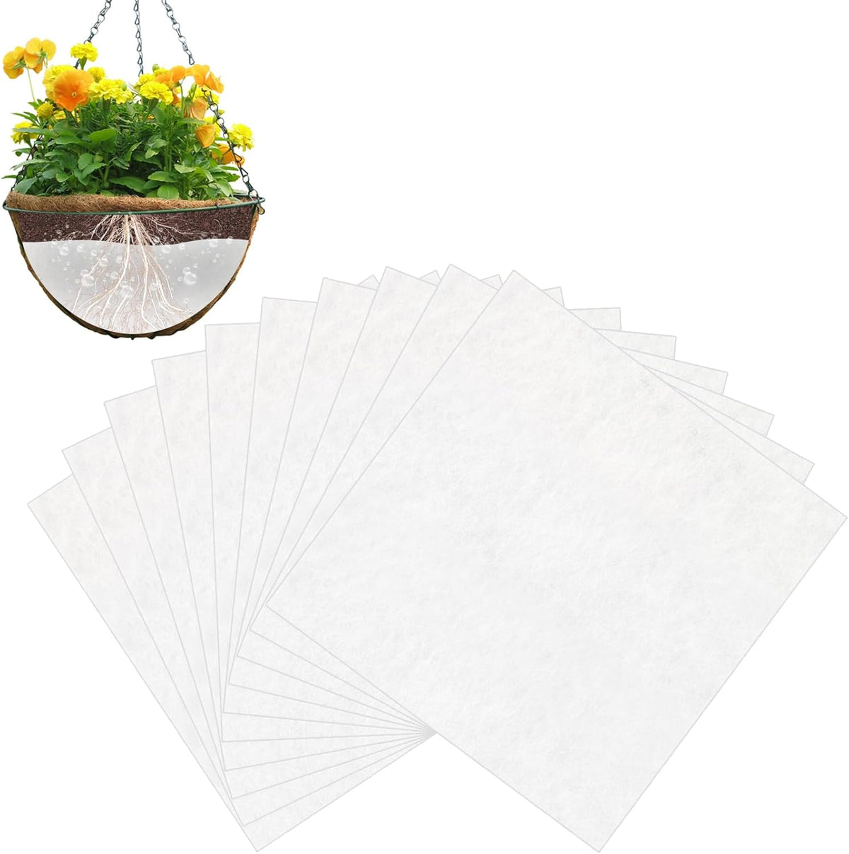 10PCS 7.87x7.87 inch Watering Hanging Basket Liners, White Self Watering Planter Insert Linering Mat, Hanging Basket Self Watering Liner/Watering Liners Absorbing Mat for Hanging Baskets, Planters