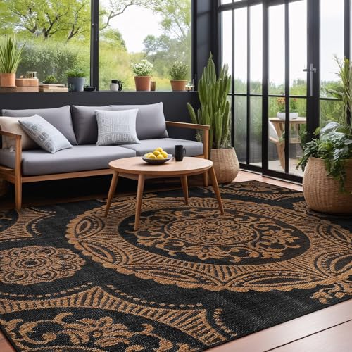 Medallion Outdoor Rug 10x14 Washable Outside Carpet for Indoor Patio Porch Waterproof Easy Cleaning Non Shedding Area Rugs Nut Brown 10 x 14