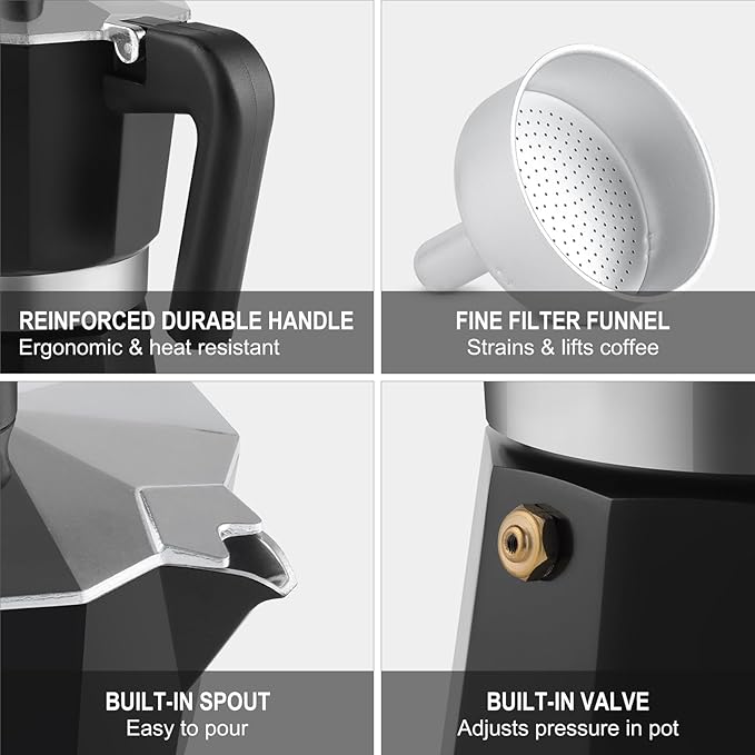 Sivaphe Aluminum Moka Pot 12 Espresso Cups, Percolator Espresso and Coffee Maker, Portable Stovetop Italian and Cuban Café Brewer for Home and Camping Black