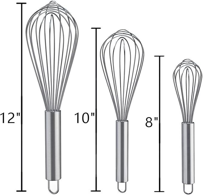 Whisks for Cooking, 3 Pack Stainless Steel Whisk for Blending, Whisking, Beating and Stirring, Enhanced Version Balloon Wire Whisk Set, 8"+10"+12"