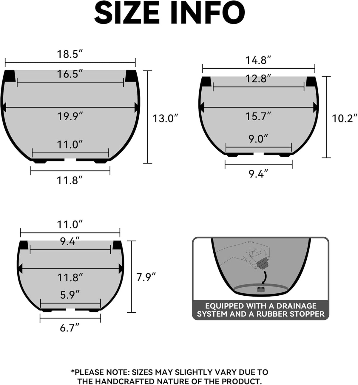 Kante 19.9",15.7",11.8" Dia Round Concrete Planter Set of 3, Outdoor/Indoor Large Bowl Plant Pots with Drainage Hole and Rubber Plug for Garden Patio Balcony Home, Oil Rubbed Bronze