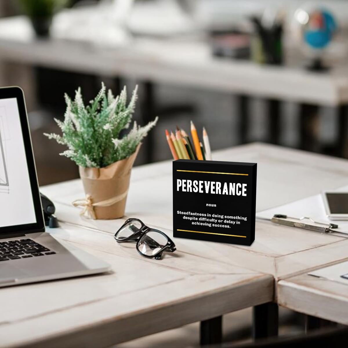 Perseverance Noun Entrepreneur Black Wooden Box Sign, Inspirational Office Decor Decorative Table Shelf Desk Decor, Rustic Workplace Farmhouse Home Counter Office Decorations Desk Accessories