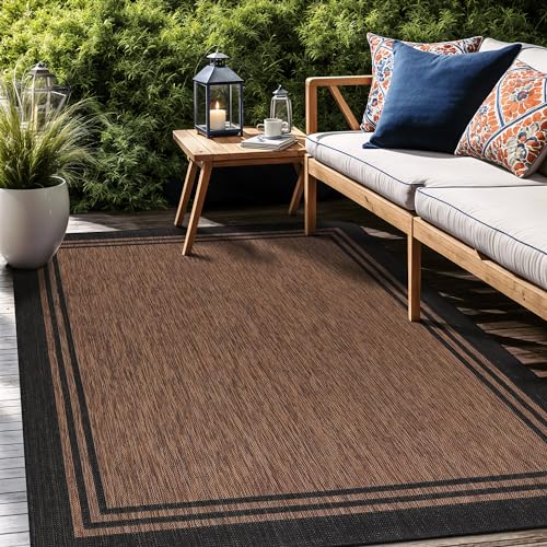 Bordered Outdoor Rug 9x12 Washable Outside Carpet for Indoor Patio Porch Waterproof Easy Cleaning Non Shedding Area Rugs Nut Brown 9 x 12